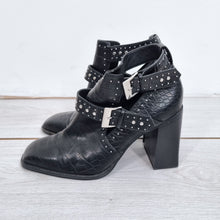 Load image into Gallery viewer, Zara Boots Buckles Studded Ankle Black Faux Crocodile Leather Cutout UK 7 EU 40