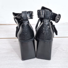 Load image into Gallery viewer, Zara Boots Buckles Studded Ankle Black Faux Crocodile Leather Cutout UK 7 EU 40