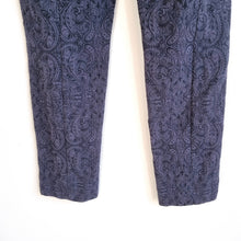 Load image into Gallery viewer, Robell Marie Trousers UK 18 Navy Blue Paisley Jacquard Stretch Slim Leg Office