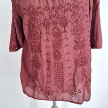 Load image into Gallery viewer, Monsoon Blouse Burgundy Broderie Anglaise Embroidered Top Boho Casual Cotton 14