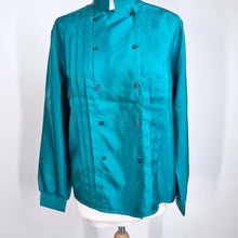 Load image into Gallery viewer, Vintage St Michael Shirt 80s Teal Pintuck Mandarin Collar Blouse 10 12 14 M&S