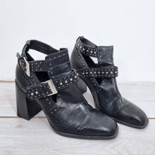 Load image into Gallery viewer, Zara Boots Buckles Studded Ankle Black Faux Crocodile Leather Cutout UK 7 EU 40
