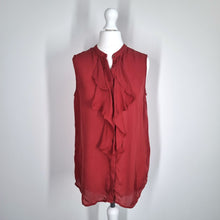 Load image into Gallery viewer, Reiss 100% Silk Top Sleeveless UK 8 Rust Red Ruffles Button Down Elias Blouse