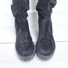 Load image into Gallery viewer, H&M Thigh High Boot UK 8 EU41 Black Faux Suede Chunky Heel Slouchy Over Knee