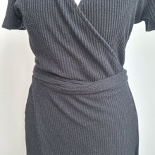 Load image into Gallery viewer, GAP Black Wrap Dress Small Ribbed Tie Waist Stretch Knee Length Short Sleeves