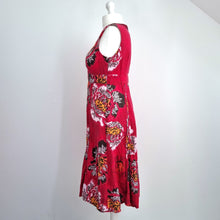 Load image into Gallery viewer, Monsoon 100% Linen Dress UK 14 Red Floral Midi Sundress Empire A Line Casual