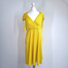 Load image into Gallery viewer, Vintage Dress Yellow Polka Dots Pockets Tea Dress Retro 80s Empire Waist 12 14