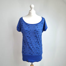 Load image into Gallery viewer, Naketano Tunic Top Blue Bird Print Striped Size Large Cotton Blend Jersey Bardot