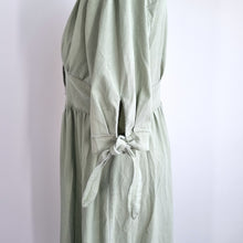 Load image into Gallery viewer, Midi Button Down Dress Large Sage Green 100% Cotton Tie Sleeve Casual Boho Tea