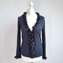 Load image into Gallery viewer, East Flower Trim Cardigan Top Medium Navy Black Long Sleeve Stretch Jersey