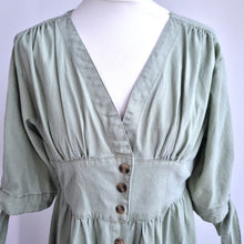 Load image into Gallery viewer, Midi Button Down Dress Large Sage Green 100% Cotton Tie Sleeve Casual Boho Tea