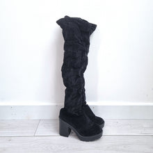 Load image into Gallery viewer, H&M Thigh High Boot UK 8 EU41 Black Faux Suede Chunky Heel Slouchy Over Knee