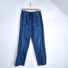 Load image into Gallery viewer, Vintage St Michael Jeans Joggers Mum Dark Blue High Rise 80s Elasticated Waist 8