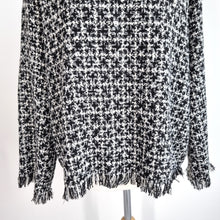 Load image into Gallery viewer, Zara Tweed Top Fringed XL Blouse Long Sleeves Boucle Black White Check Work