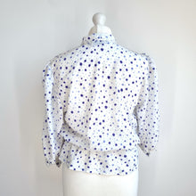 Load image into Gallery viewer, Vintage Hamells 80s Blouse White Purple Polka Dot Pussy Bow Tie Peplum 12 Petit
