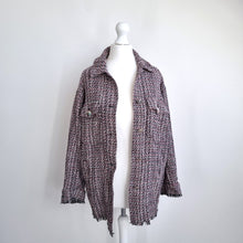 Load image into Gallery viewer, Zara Tweed Shacket Over Shirt Red Black Fringed Raw Rem Long Sleeves XS Work