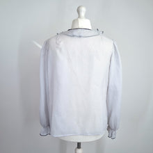 Load image into Gallery viewer, Vintage Polka Dot Blouse Ruffle Neck Bow 14 16 White Navy Long Sleeves Shirt