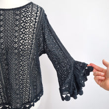 Load image into Gallery viewer, Made in Italy Blouse Lace 100% Cotton Black One Size Flare Sleeves Top Boho Goth