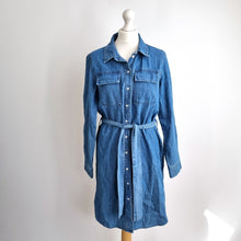 Load image into Gallery viewer, PIECES Denim Shirt Dress Belted Large Button Front Long Sleeve Blue Chambray