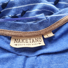 Load image into Gallery viewer, Naketano Tunic Top Blue Bird Print Striped Size Large Cotton Blend Jersey Bardot