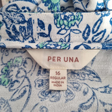 Load image into Gallery viewer, Per Una Midi Skirt 16 M&S Floral Print Blue White Gathered Slit Holiday Ruched