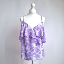 Load image into Gallery viewer, Whistles Blouse Cold Shoulder Lilac Purple Floral Print Chiffon Summer Frills 12