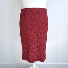 Load image into Gallery viewer, M&S Lace Pencil Skirt Midi UK 16 Burgundy Limited Collection Mulberry Lined Zip
