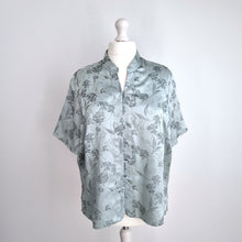 Load image into Gallery viewer, M&S Satin Blouse Chinese Qipao Jacquard Light Blue Top Short Sleeve Mock Neck 22