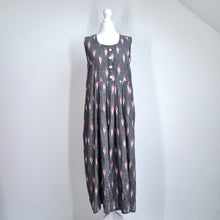 Load image into Gallery viewer, Handmade Midi Dress Ikat Print 8 10 A Line Grey Cotton Blend Buttons Lagenlook