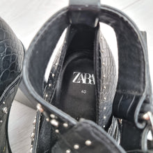 Load image into Gallery viewer, Zara Boots Buckles Studded Ankle Black Faux Crocodile Leather Cutout UK 7 EU 40