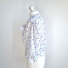 Load image into Gallery viewer, Vintage Hamells 80s Blouse White Purple Polka Dot Pussy Bow Tie Peplum 12 Petit