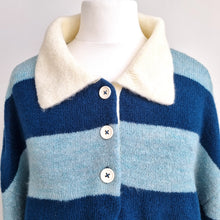 Load image into Gallery viewer, Topshop Rugby Style Jumper UK 8-10 Blue Striped Collared Knit Soft Oversized