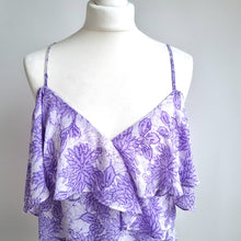 Load image into Gallery viewer, Whistles Blouse Cold Shoulder Lilac Purple Floral Print Chiffon Summer Frills 12