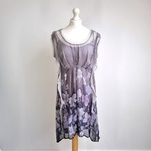 Load image into Gallery viewer, Mint Velvet 100% Silk Dress Floral Print UK 14 Grey Lilac Layered Occasion Party