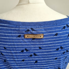 Load image into Gallery viewer, Naketano Tunic Top Blue Bird Print Striped Size Large Cotton Blend Jersey Bardot