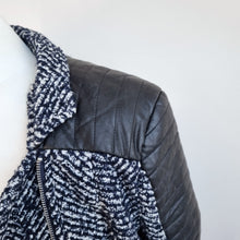 Load image into Gallery viewer, Capsule Tweed Biker Jacket UK 10 12 Faux Leather Boucle Wool Blue NEW T4 Work