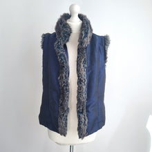 Load image into Gallery viewer, M&S Per Una Gilet Navy Blue Faux Fur Trim Vest Medium Waistcoat Pockets Casual