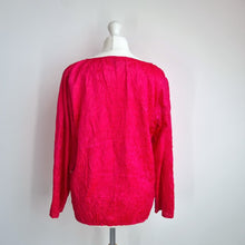 Load image into Gallery viewer, East Crinkle Blouse Pink Neon Long Sleeves Top V Neck Fuchsia Bright Size XL