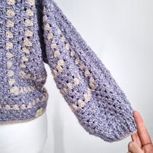 Load image into Gallery viewer, Handmade Crochet Cardigan Cropped Chunky Knit Boxy Lilac Hexagon Granny 6 8 10