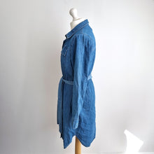 Load image into Gallery viewer, PIECES Denim Shirt Dress Belted Large Button Front Long Sleeve Blue Chambray