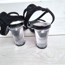 Load image into Gallery viewer, M&S Autograph Suede Sandals Clear Perspex Block Heel Black Size 5.5 Strappy