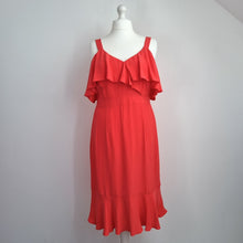 Load image into Gallery viewer, Monsoon Coral Cocktail Dress NEW Size 16 Could Shoulder Frills Lined Midi Party