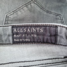 Load image into Gallery viewer, AllSaints Jeans Mast Fit W 28 Skinny Grey Panel Raw Hem Stretch Low Rise Grunge