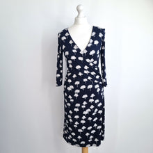 Load image into Gallery viewer, Phase Eight Dress Jersey Faux Wrap Navy Tree Print Stretch Work Office Knee 12