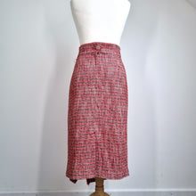 Load image into Gallery viewer, M&S Tweed Midi Skirt UK 14 Red Fringed Pencil Boucle Lined Wrap Office Smart