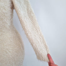 Load image into Gallery viewer, Y2K Fuzzy Knit Dress Cream Open Back Tie Bodycon One Size Boutique Jumper Winter