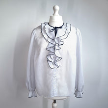 Load image into Gallery viewer, Vintage Polka Dot Blouse Ruffle Neck Bow 14 16 White Navy Long Sleeves Shirt