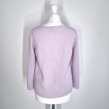 Load image into Gallery viewer, Madeleine 100% Cashmere Cardigan UK 8 Lilac Wrap Button Ribbed Knit 3/4 Sleeve