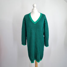 Load image into Gallery viewer, Benetton Jumper Dress Wool Blend XL Striped Green Black Winter Knitted V Neck