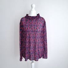 Load image into Gallery viewer, Sandro Blouse Pleated Ditsy Floral Print Mock Neck Top Long Sleeves Navy 1 UK 8